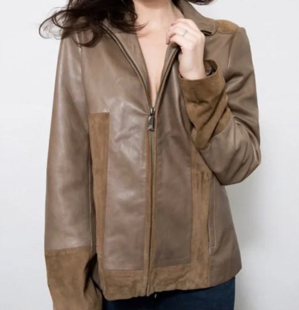 Elie Tahari Brown Genuine Lamb Leather Full-zip Jacket LARGE